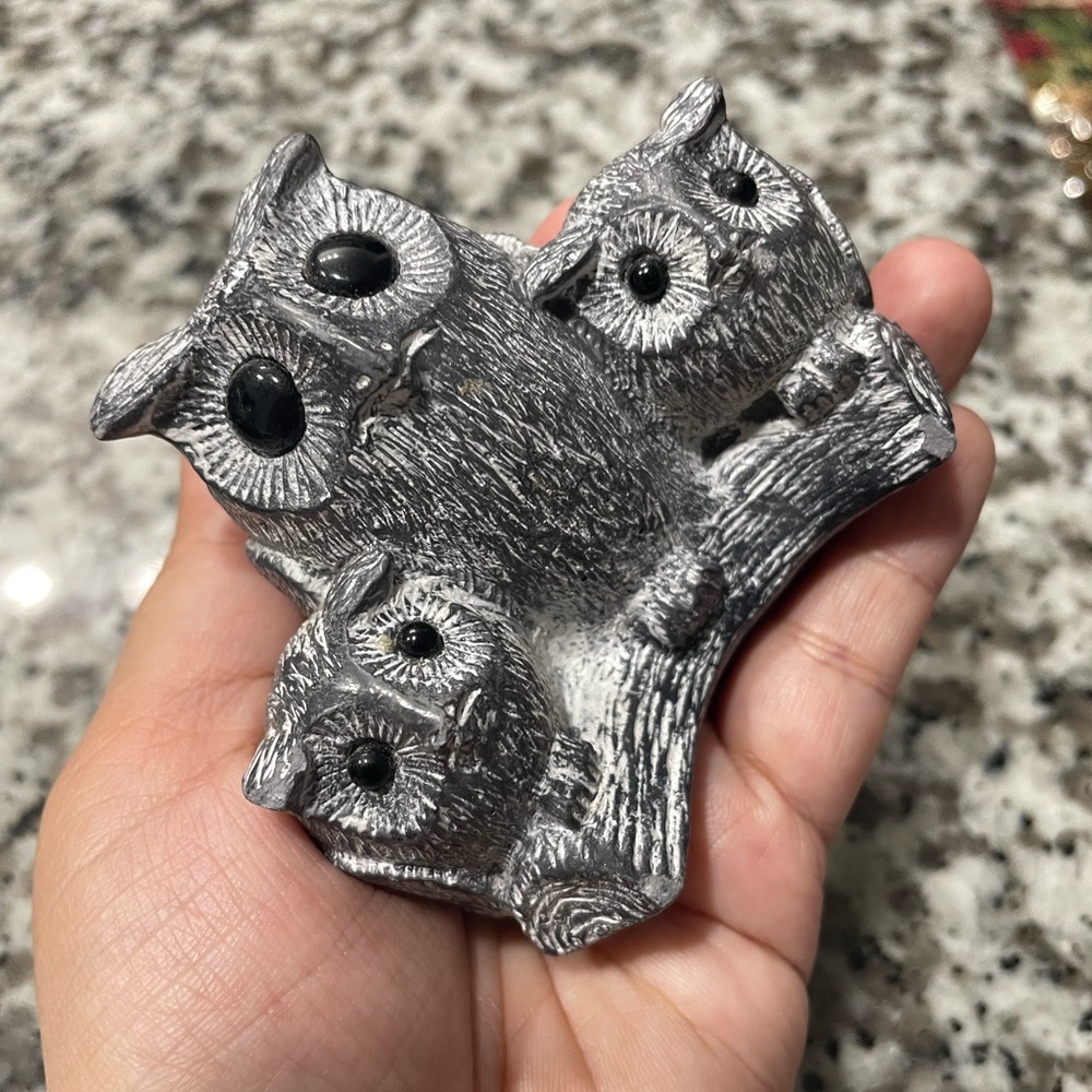Gray Owl Figurine Wolf Original Sculpture Hand Carved Soapstone Owl Family